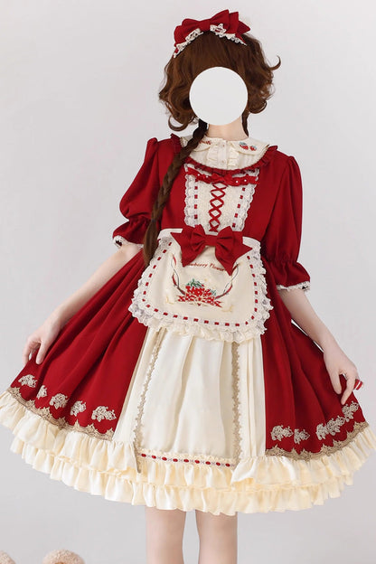 Gothic Outfit Set - Tochigi Girl Double-layered, Red, Sweet Style, Ruffled, Embroidered - main product image