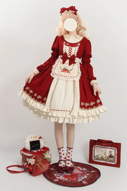 Gothic Outfit Set - Tochigi Girl Double-layered, Red, Sweet Style, Ruffled, Embroidered - S Red Long Sleeve / M Red Long Sleeve / L Red Long Sleeve option