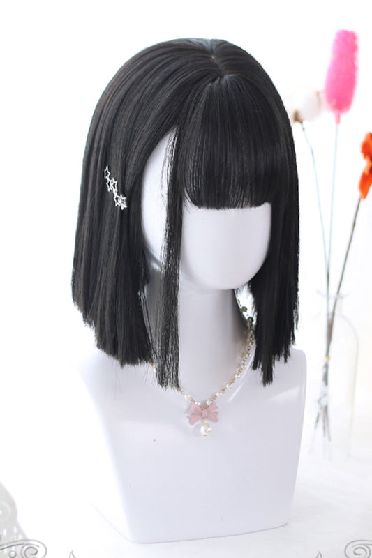 Kawaii Fashion Wig - Air Bangs Medium Straight Hair, Black, Sweet Style - main product image