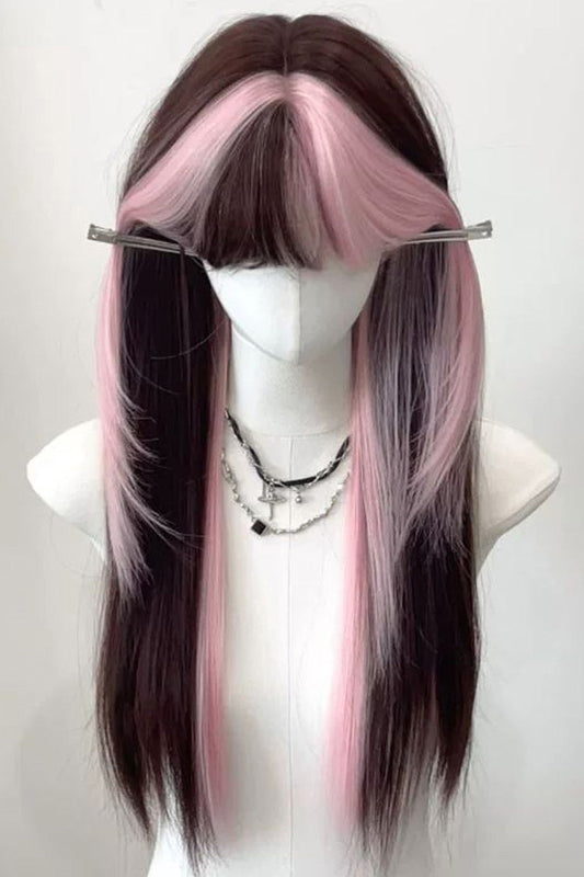 Kawaii Fashion Wig - Daily Straight Highlighted, 2 Colors, Sweet Style - One-Size Pink/Brown option