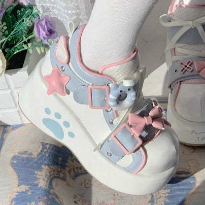 Kawaii Lolita Boots - Bear Paw Print Bowknot, 2 Colors, Bow Detail, Printed, Sweet Style - 34 White/Blue / 35 White/Blue / 36 White/Blue option
