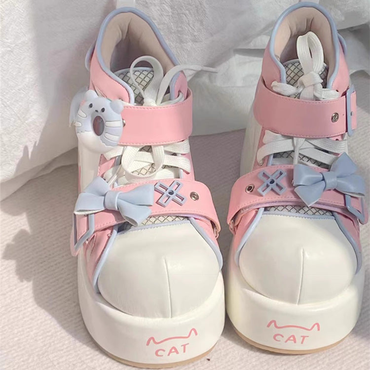Kawaii Lolita Boots - Bear Paw Print Bowknot, 2 Colors, Bow Detail, Printed, Sweet Style - main product image