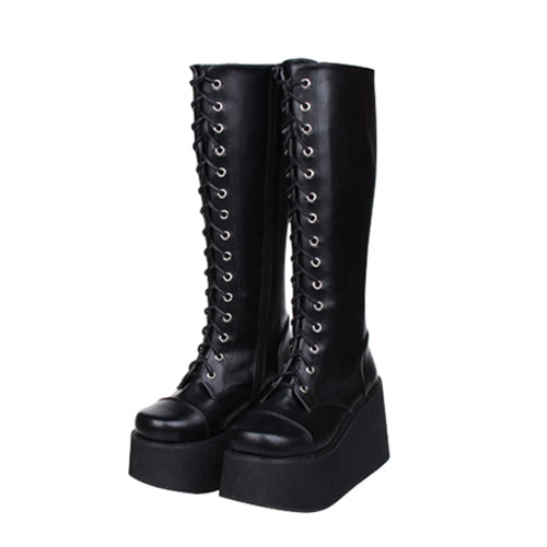 Kawaii Lolita Boots - Concise, Black, Lace Trim, Lace-Up, Sweet Style - main product image