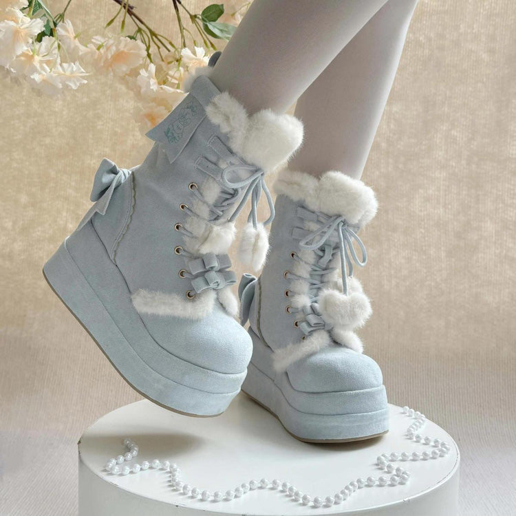 Kawaii Lolita Boots - Cute Platform Thick-soled, Blue, Bow Detail, Lace Trim, Lace-Up - additional product view 3