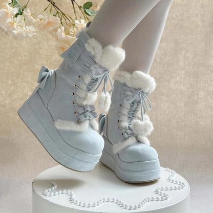 Kawaii Lolita Boots - Cute Platform Thick-soled, Blue, Bow Detail, Lace Trim, Lace-Up - additional product view 3