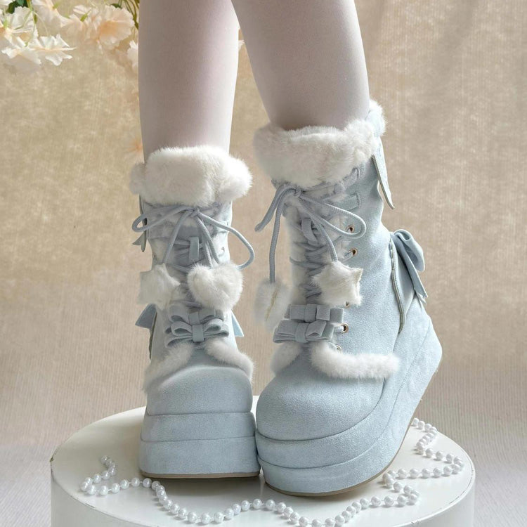 Kawaii Lolita Boots - Cute Platform Thick-soled, Blue, Bow Detail, Lace Trim, Lace-Up - additional product view 4