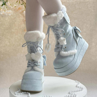 Kawaii Lolita Boots - Cute Platform Thick-soled, Blue, Bow Detail, Lace Trim, Lace-Up - additional product view 5