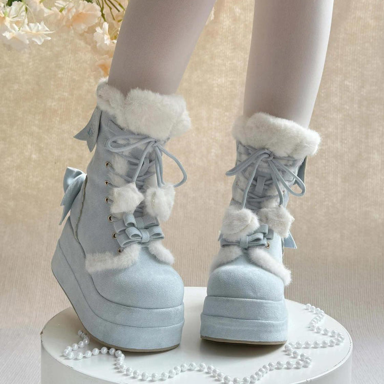 Kawaii Lolita Boots - Cute Platform Thick-soled, Blue, Bow Detail, Lace Trim, Lace-Up - additional product view 6