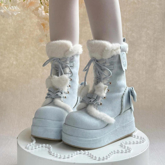Kawaii Lolita Boots - Cute Platform Thick-soled, Blue, Bow Detail, Lace Trim, Lace-Up - main product image