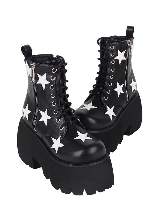 Kawaii Lolita Boots - Five-pointed Star Print Zipper, Black, Zipper Detail, Punk Style - additional product view 2
