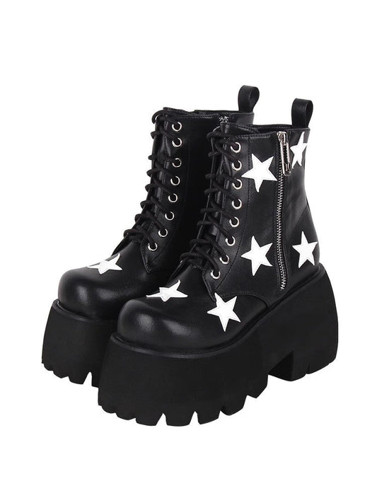 Kawaii Lolita Boots - Five-pointed Star Print Zipper, Black, Zipper Detail, Punk Style - main product image