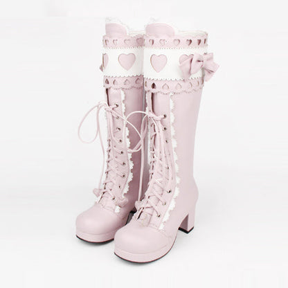 Kawaii Lolita Boots - Lace Bowknot Heart Shaped, 3 Colors, Lace Trim, Sweet Style - 34 Pink / 35 Pink / 36 Pink option