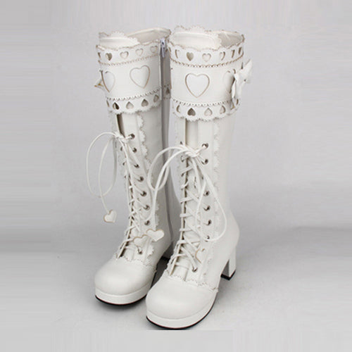Kawaii Lolita Boots - Lace Bowknot Heart Shaped, 3 Colors, Lace Trim, Sweet Style - 34 White / 35 White / 36 White option