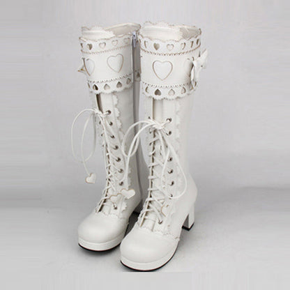 Kawaii Lolita Boots - Lace Bowknot Heart Shaped, 3 Colors, Lace Trim, Sweet Style - 34 White / 35 White / 36 White option