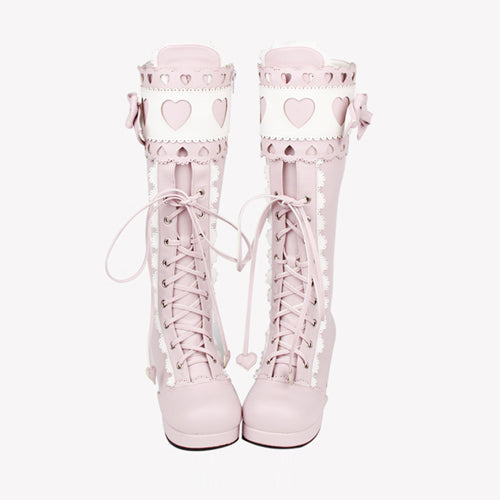 Kawaii Lolita Boots - Lace Bowknot Heart Shaped, 3 Colors, Lace Trim, Sweet Style - additional product view 4
