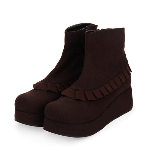 Kawaii Lolita Boots - Round Toe, 2 Colors, Platform Sole, Ruffled - 33 Brown / 34 Brown / 35 Brown option