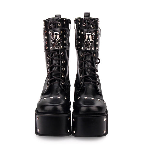 Kawaii Lolita Boots - Skull Rivet, Black, Gothic Style - Lolita Coordinate Shoes - additional product view 2