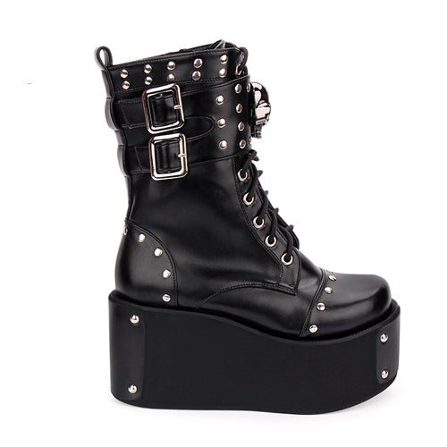 Kawaii Lolita Boots - Skull Rivet, Black, Gothic Style - Lolita Coordinate Shoes - additional product view 3