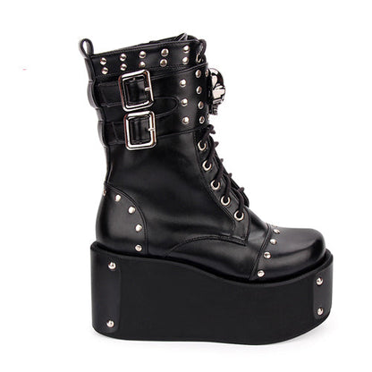 Kawaii Lolita Boots - Skull Rivet, Black, Gothic Style - Lolita Coordinate Shoes - additional product view 3
