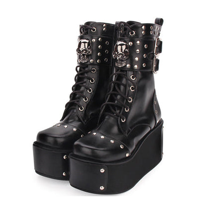 Kawaii Lolita Boots - Skull Rivet, Black, Gothic Style - Lolita Coordinate Shoes - main product image