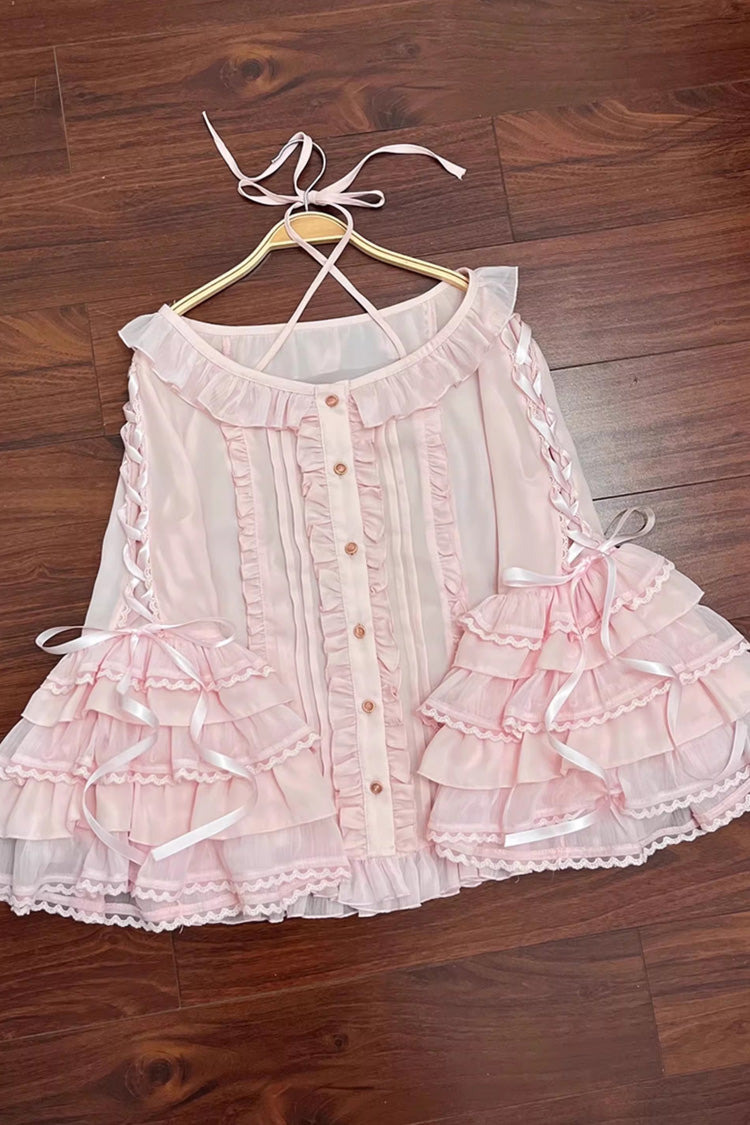 Lolita Blouse - Chiffon Hime Ruffled Bow, 3 Colors, Bow Detail, Long Sleeves, Sweet Style - S Pink / M Pink / L Pink option