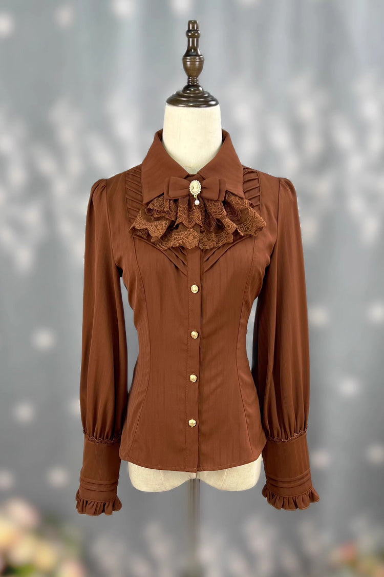 Lolita Blouse - Enchanted Dreamland, 6 Colors, Long Sleeves, Classic Style, Lace Trim - S Coffee / M Coffee / L Coffee option