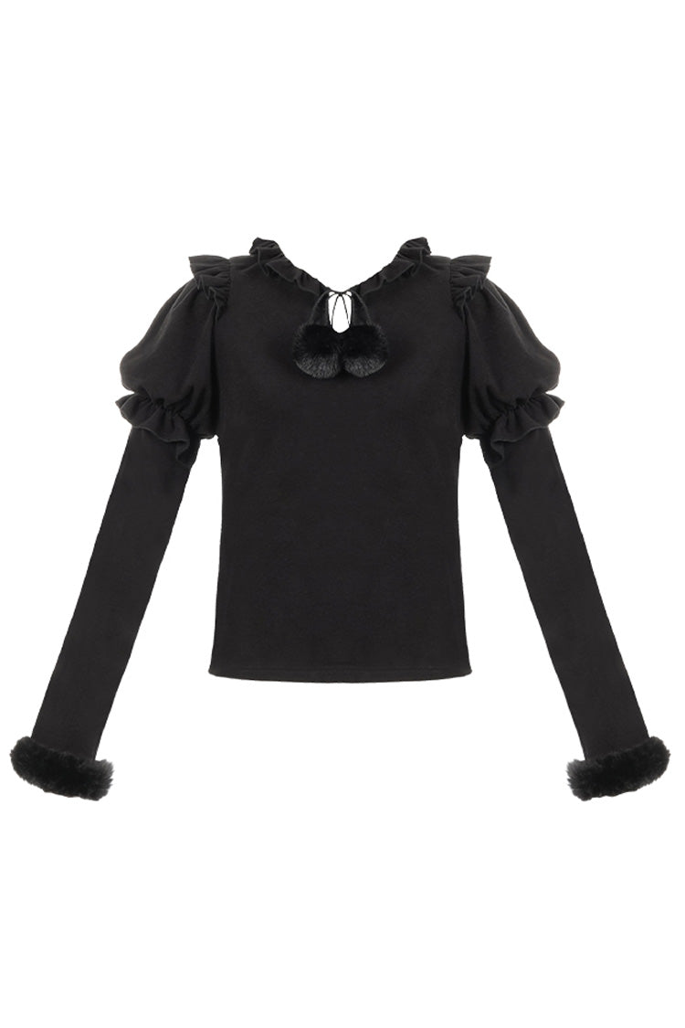 Lolita Blouse - Hair Ball Tie, 4 Colors, Puff Sleeves, Long Sleeves, Sweet Style - S Black / M Black / L Black option