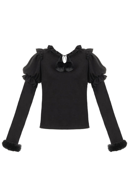 Lolita Blouse - Hair Ball Tie, 4 Colors, Puff Sleeves, Long Sleeves, Sweet Style - S Black / M Black / L Black option