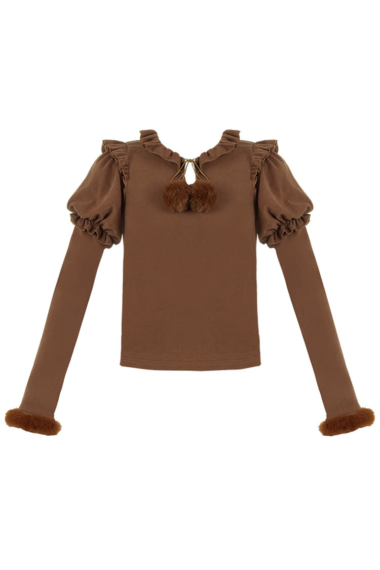 Lolita Blouse - Hair Ball Tie, 4 Colors, Puff Sleeves, Long Sleeves, Sweet Style - S Brown / M Brown / L Brown option