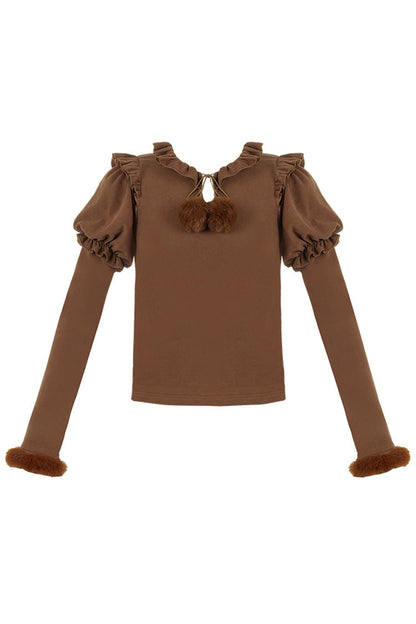 Lolita Blouse - Hair Ball Tie, 4 Colors, Puff Sleeves, Long Sleeves, Sweet Style - S Brown / M Brown / L Brown option
