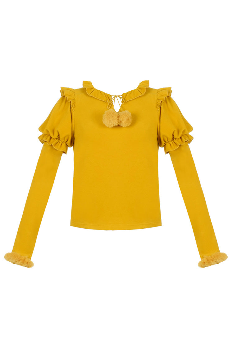 Lolita Blouse - Hair Ball Tie, 4 Colors, Puff Sleeves, Long Sleeves, Sweet Style - S Yellow / M Yellow / L Yellow option