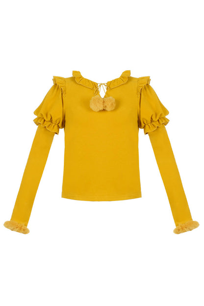 Lolita Blouse - Hair Ball Tie, 4 Colors, Puff Sleeves, Long Sleeves, Sweet Style - S Yellow / M Yellow / L Yellow option