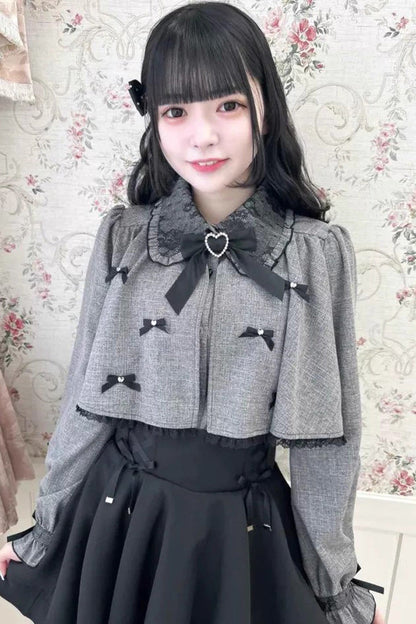 Lolita Blouse - Lapel Collar Bowknot Japanese, Gray, Bow Detail, Long Sleeves, Sweet Style - additional product view 2