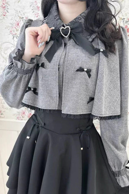 Lolita Blouse - Lapel Collar Bowknot Japanese, Gray, Bow Detail, Long Sleeves, Sweet Style - additional product view 3