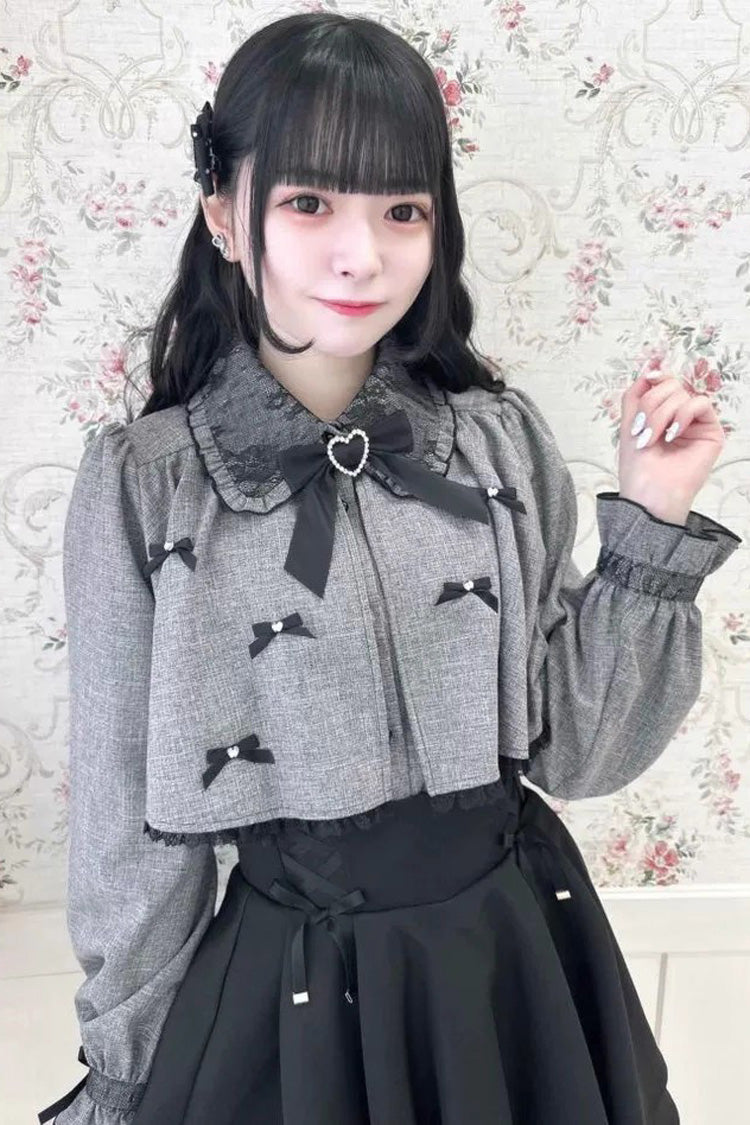 Lolita Blouse - Lapel Collar Bowknot Japanese, Gray, Bow Detail, Long Sleeves, Sweet Style - additional product view 4