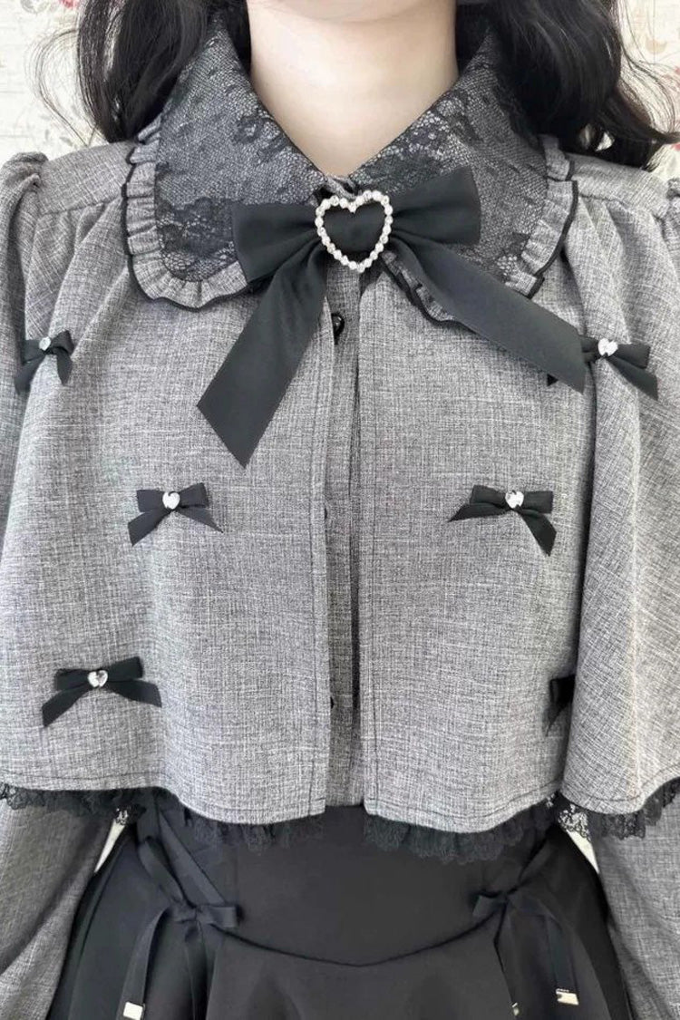 Lolita Blouse - Lapel Collar Bowknot Japanese, Gray, Bow Detail, Long Sleeves, Sweet Style - additional product view 5