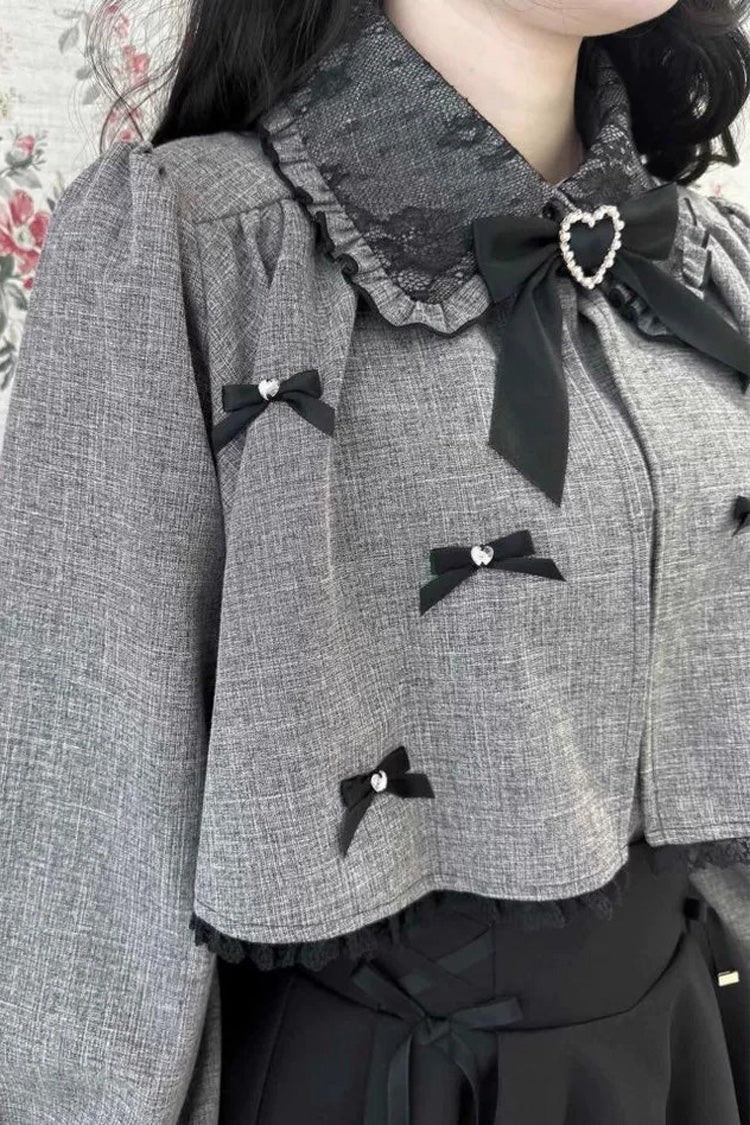 Lolita Blouse - Lapel Collar Bowknot Japanese, Gray, Bow Detail, Long Sleeves, Sweet Style - additional product view 6
