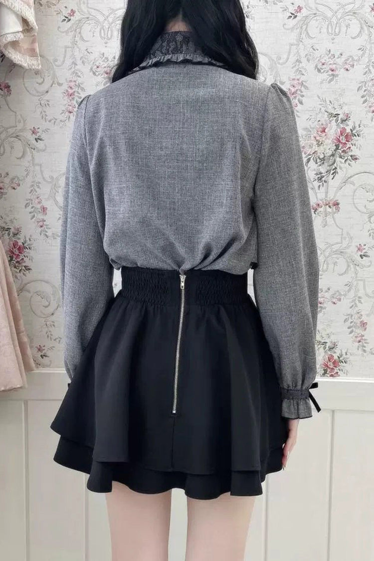 Lolita Blouse - Lapel Collar Bowknot Japanese, Gray, Bow Detail, Long Sleeves, Sweet Style - additional product view 7