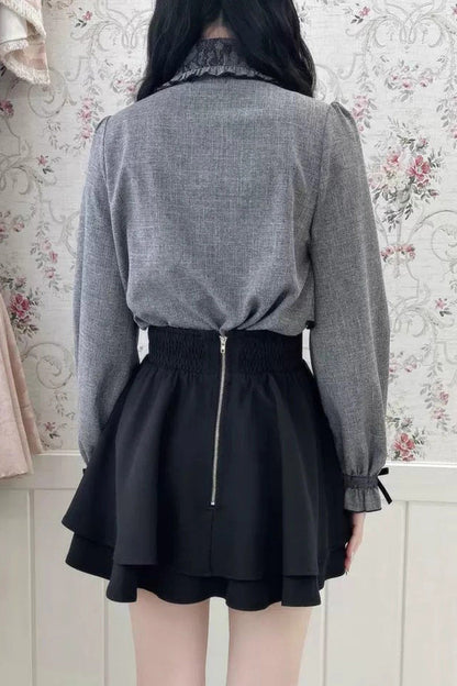 Lolita Blouse - Lapel Collar Bowknot Japanese, Gray, Bow Detail, Long Sleeves, Sweet Style - additional product view 7