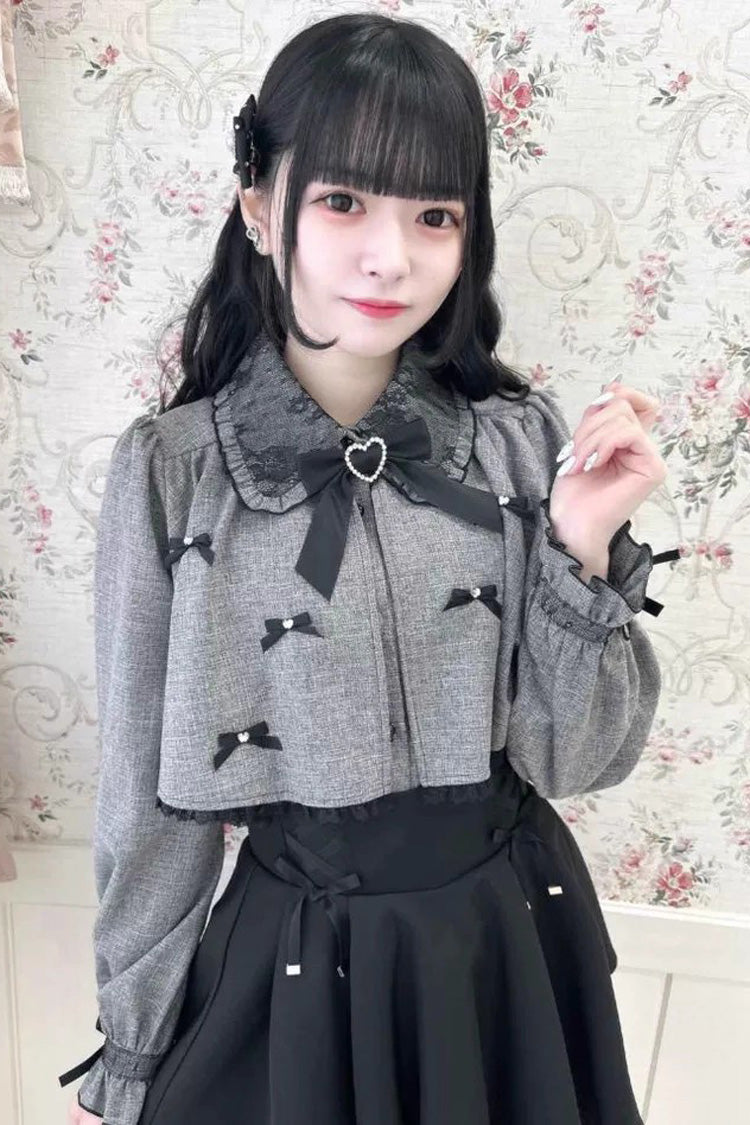 Lolita Blouse - Lapel Collar Bowknot Japanese, Gray, Bow Detail, Long Sleeves, Sweet Style - main product image