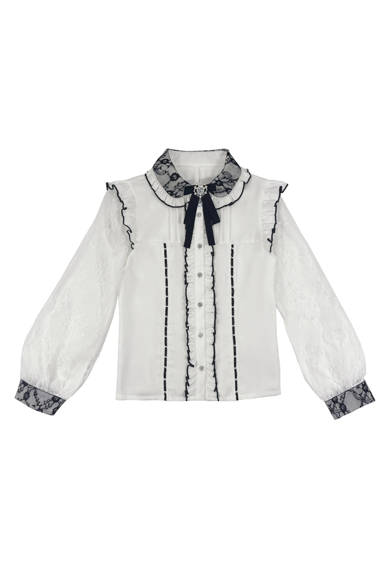 Lolita Blouse - Lapel Collar Jacquard Ruffled, 2 Colors, Bow Detail, Long Sleeves - main product image