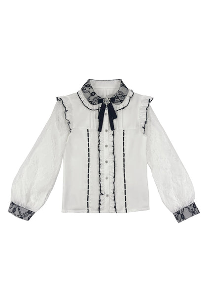 Lolita Blouse - Lapel Collar Jacquard Ruffled, 2 Colors, Bow Detail, Long Sleeves - main product image