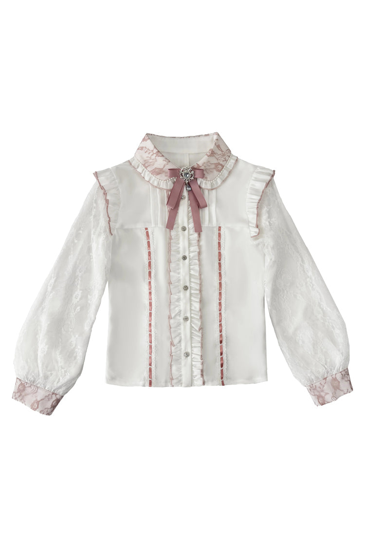 Lolita Blouse - Lapel Collar Jacquard Ruffled, 2 Colors, Bow Detail, Long Sleeves - S White/Pink / M White/Pink / L White/Pink option