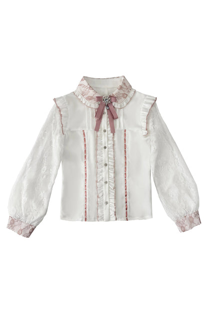 Lolita Blouse - Lapel Collar Jacquard Ruffled, 2 Colors, Bow Detail, Long Sleeves - S White/Pink / M White/Pink / L White/Pink option