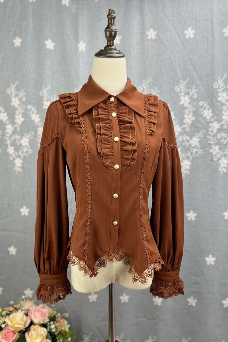 Lolita Blouse - Late Night, 6 Colors, Lace Trim, Ruffled, Long Sleeves - S Brown / M Brown / L Brown option