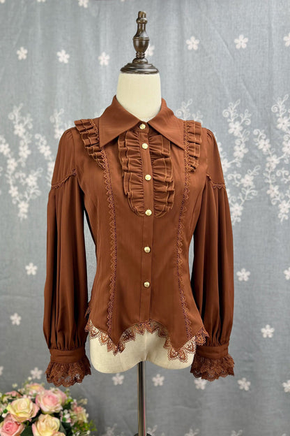 Lolita Blouse - Late Night, 6 Colors, Lace Trim, Ruffled, Long Sleeves - S Brown / M Brown / L Brown option