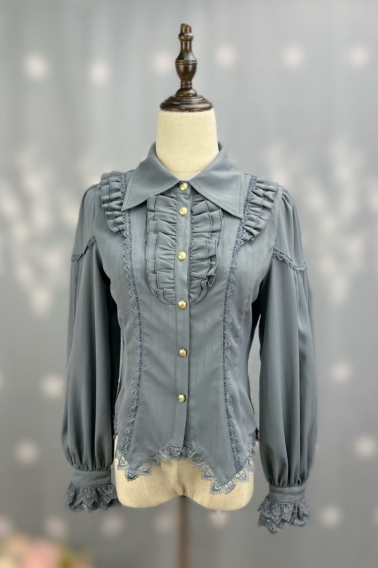 Lolita Blouse - Late Night, 6 Colors, Lace Trim, Ruffled, Long Sleeves - S Grey / M Grey / L Grey option