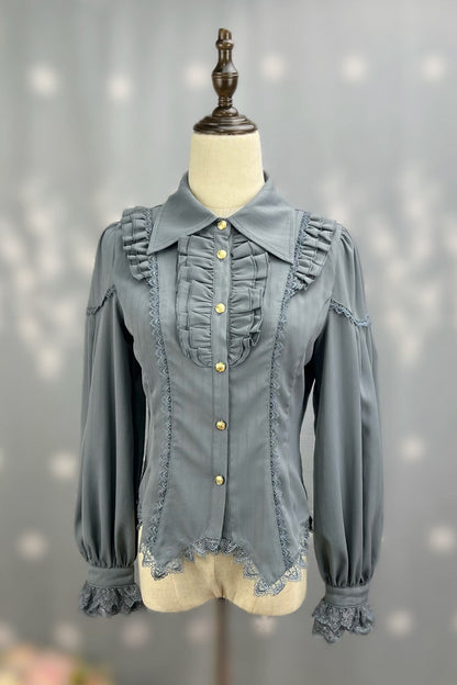 Lolita Blouse - Late Night, 6 Colors, Lace Trim, Ruffled, Long Sleeves - S Grey / M Grey / L Grey option