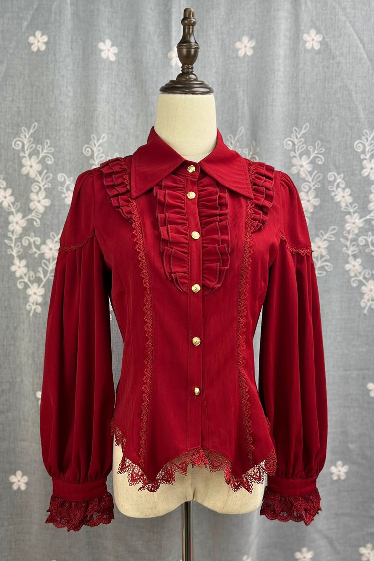 Lolita Blouse - Late Night, 6 Colors, Lace Trim, Ruffled, Long Sleeves - S Red / M Red / L Red option