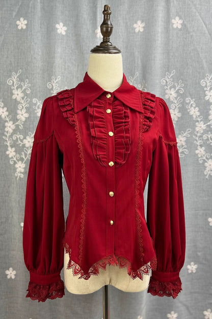 Lolita Blouse - Late Night, 6 Colors, Lace Trim, Ruffled, Long Sleeves - S Red / M Red / L Red option